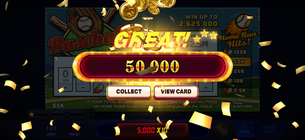Vegas Lottery Scratchers - Una gran victoria de 50000 monedas en una tarjeta de rasca y gana con temática de béisbol en Vegas Lottery Scratchers
