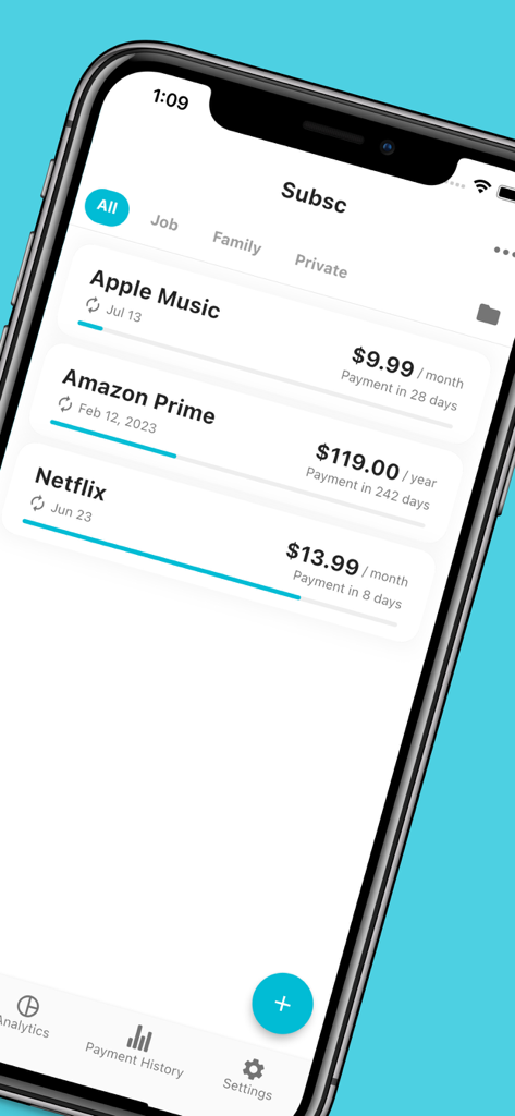 Subscription & Bill Manager - Pantalla de iPhone mostrando una lista de suscripciones en la aplicación SubBill, incluyendo Apple Music, Amazon Prime y Netflix