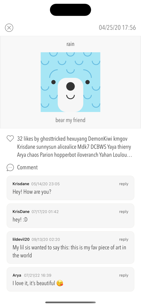 A screenshot of the New Pixels app community gallery showing a stylized blue bear artwork with user likes and comments