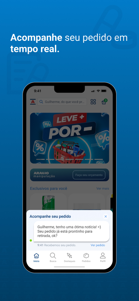 Smartphone screen showing the Drogaria Araujo app with a notification that an order is ready for pickup