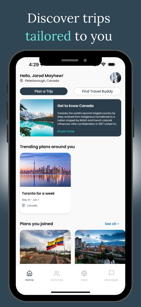 Joy Plus: Find travel friends - Joy Plus mobile app home screen showing sections to plan a trip and find travel buddies