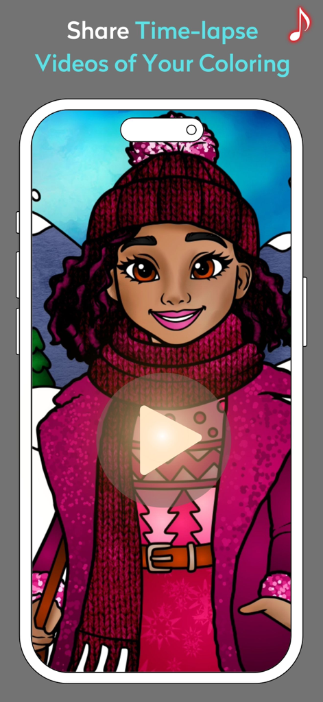 Adult Coloring Book: Chroma - Tela de smartphone mostrando uma ilustração colorida de uma garota com roupas de inverno com um botão de play para assistir a um vídeo de time-lapse