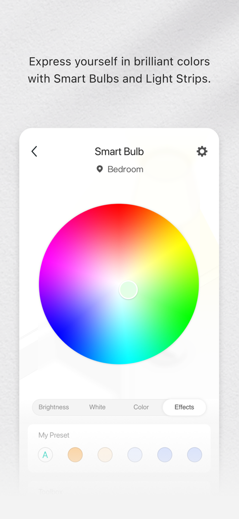 Kasa Smart app interface showing a color wheel for bedroom smart bulb settings