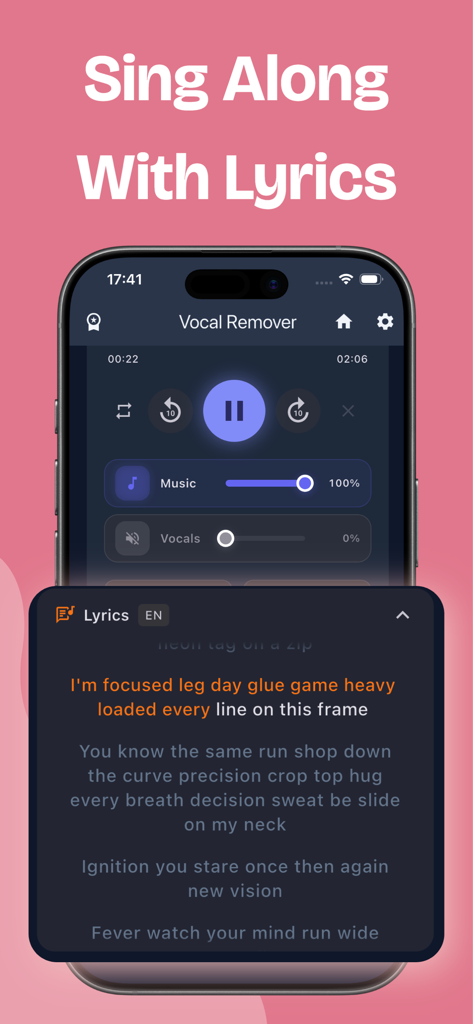 Vocal Remover - MusicSeparator - カラオケのためにボーカルを除去するために、同期された歌詞とオーディオコントロールを表示するモバイルアプリのインターフェイス。