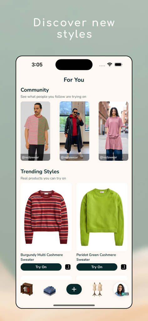 Uwear: Try On Anywhere - Uwear app interface displaying a community fashion feed and trending clothing items with virtual try on options.