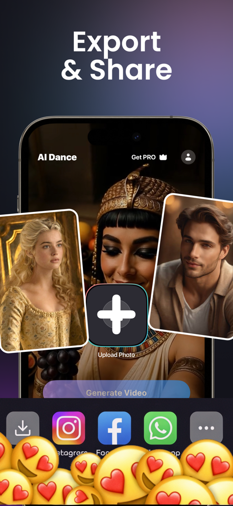 AI Dance Video Maker - Trendly - Trendly app interface showing export and share options for AI generated dance videos to social media