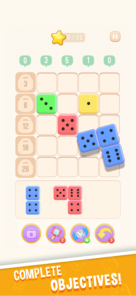 TENS! - Gameplay of TENS puzzle showing dice placement on a grid to complete level objectives