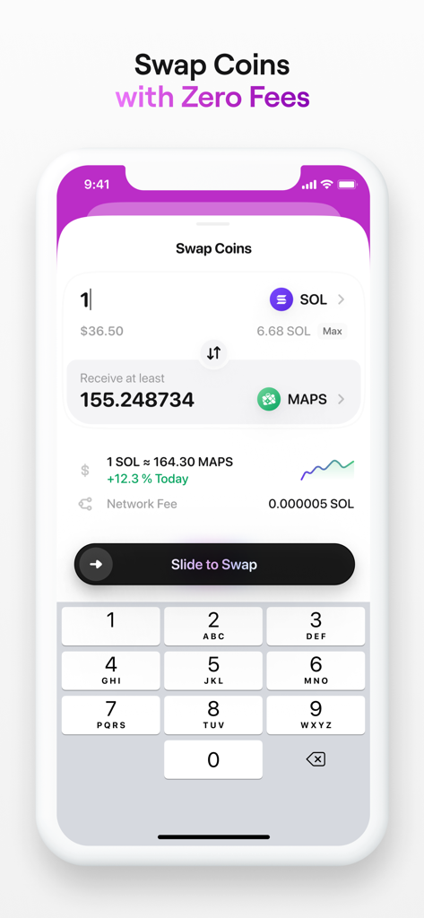 Glow — Solana Wallet - Interfaz de la aplicación Glow Solana Wallet que muestra una pantalla de intercambio de criptomonedas de SOL a MAPS sin comisiones y un botón para deslizar y intercambiar.