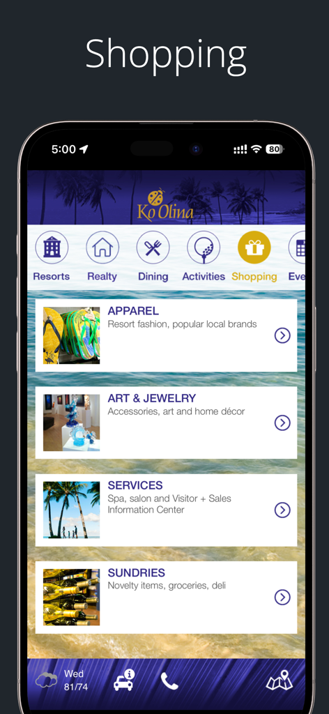 Der Shopping-Bereich der Ko Olina Resort App zeigt Kategorien für Bekleidung, Kunst, Schmuck, Dienstleistungen und Süßwaren an