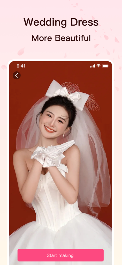 FaceArt -AI Photo & Video Edit - A woman using the FaceArt AI app to apply a wedding dress filter to her portrait