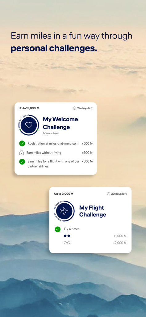 Miles & More - Captura de pantalla de la interfaz de la aplicación Miles and More que muestra desafíos personalizados de vuelos y bienvenida para ganar millas.