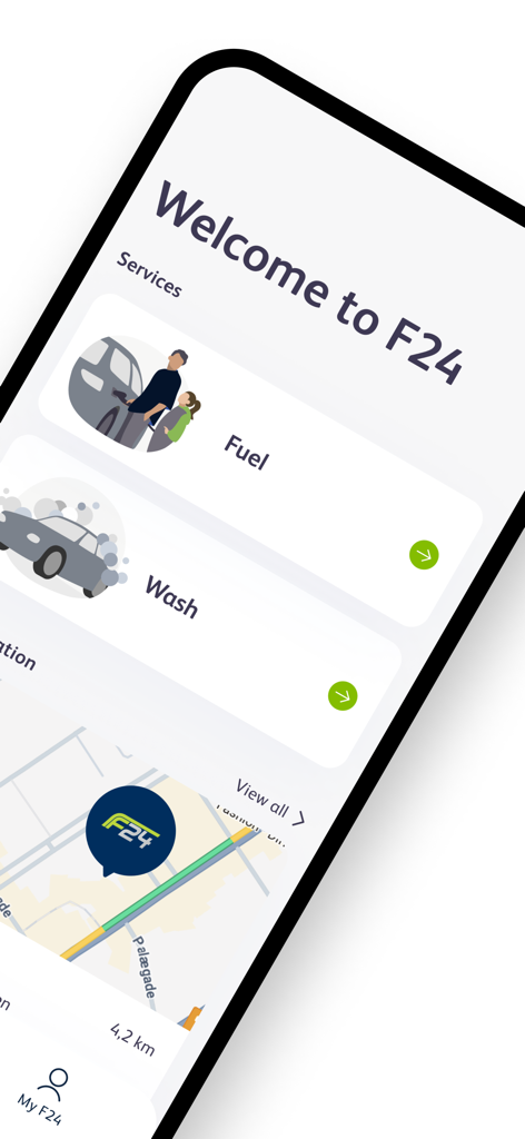 F24 - F24 mobile app home screen showing fuel and car wash service options and local station map