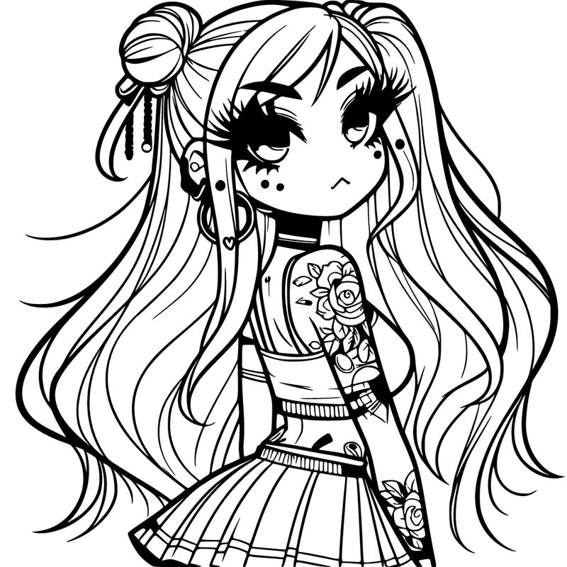 cool anime girl long hair half up in a bun has tattos and big eyelashes with some piercings not many wearing a short skirt and tank top