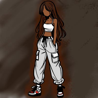 girl in baggy pants crop top and long hair