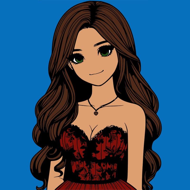 realistic girl with long hair and pretty prom dress