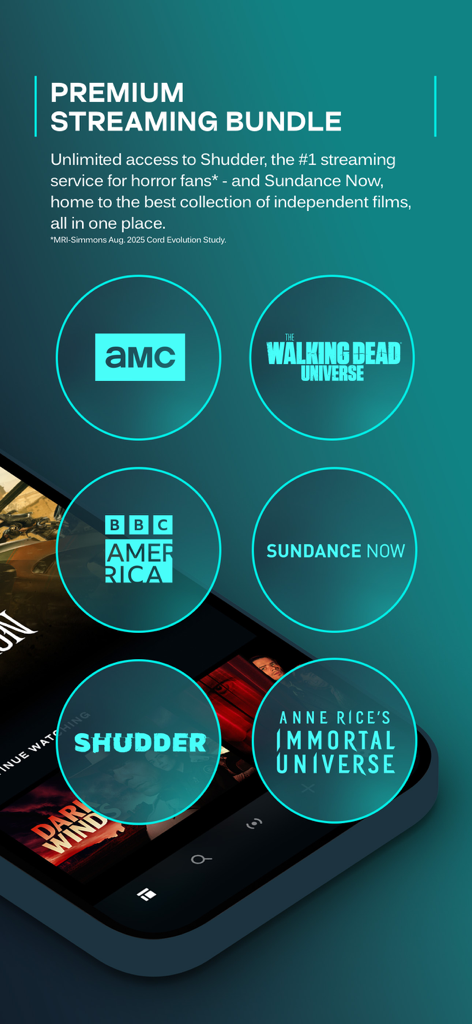 Bundle de streaming premium AMC plus présentant les logos de Shudder, Sundance Now et The Walking Dead Universe.