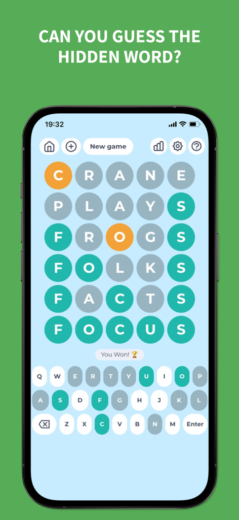 WordGrid - Guess the Word - Gameplay screenshot of WordGrid showing a completed five-letter word puzzle on an iPhone
