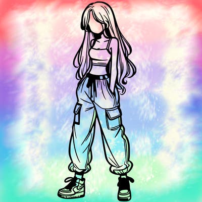 girl in baggy pants crop top and long hair