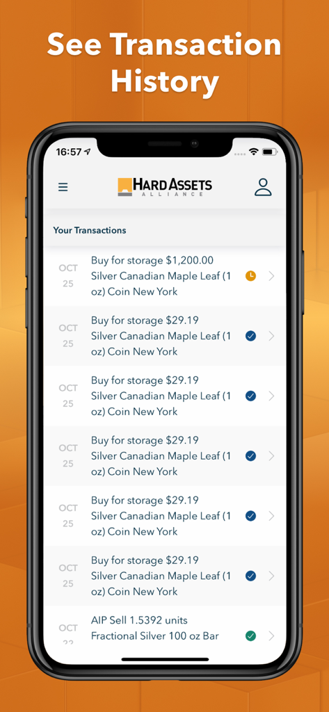 Hard Assets Alliance - Hard Assets Alliance app transaction history screen showing silver coin purchases and sales