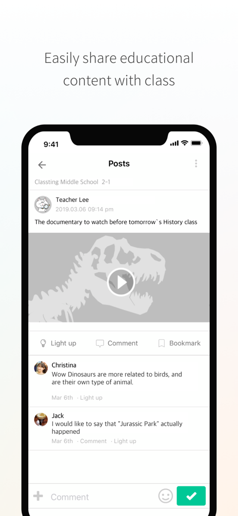 Classting app interface for sharing educational videos and posts with students