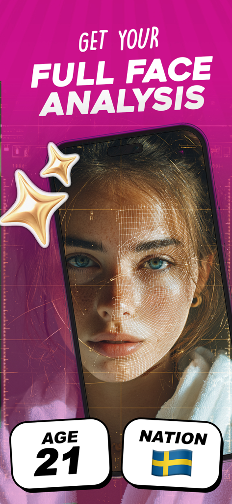 FaceVibe AI - get analyzed - A woman's face being analyzed by the FaceVibe AI app showing her estimated age as 21 and nation of origin.