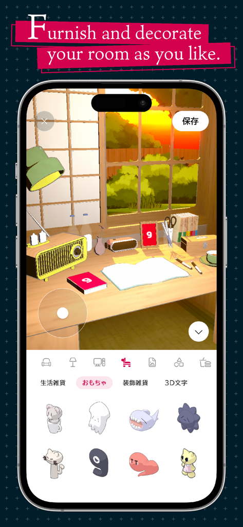 Uma tela do aplicativo gogh mostrando como mobiliar e decorar um espaço de trabalho virtual 3D aconchegante com itens estilo anime