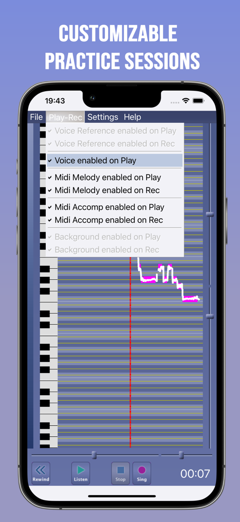 Singing Tutor - Interfaz de la aplicación Tutor de Canto que muestra sesiones de práctica personalizables y configuraciones MIDI