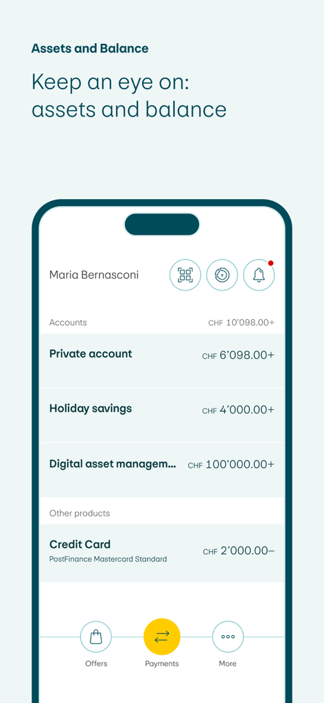 PostFinance mobile app screen displaying account balances and digital assets