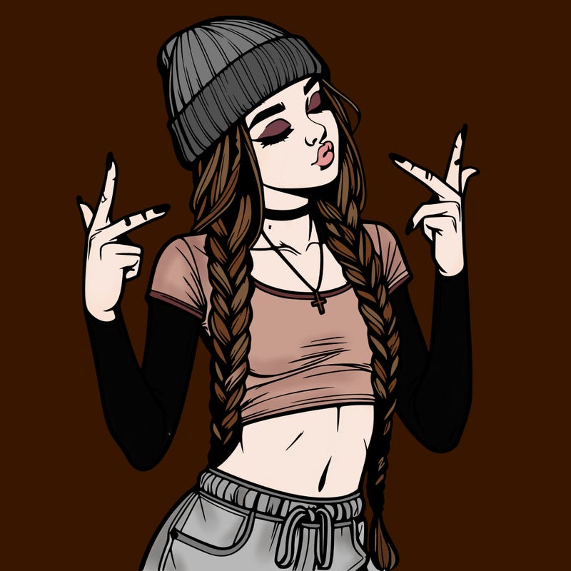 realistic teenage girl with braids and a beanie and crop top doing 🫶🏼