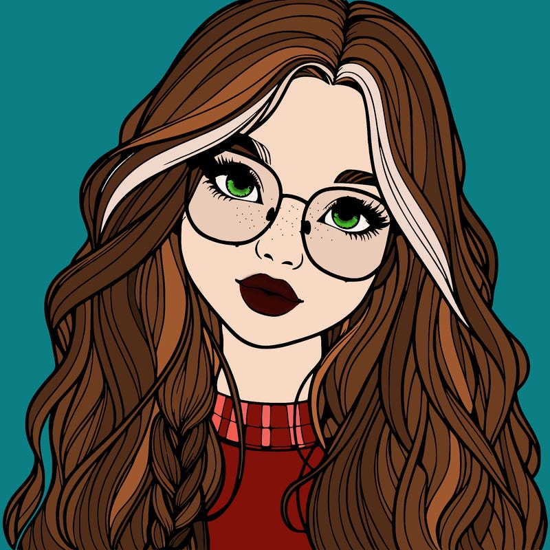 girl with long hair and freckles and glasses realistic