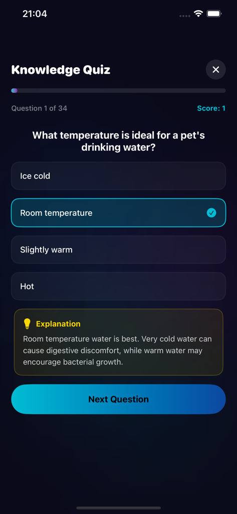 PetRoad-knowledge - Knowledge quiz screen in the PetRoad-knowledge app asking about ideal drinking water temperature for pets with a detailed explanation