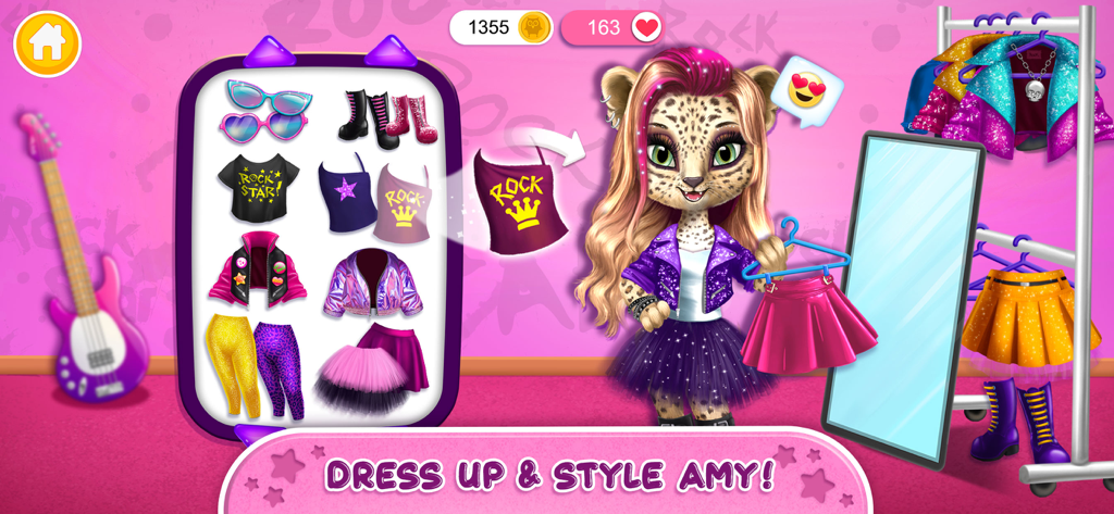 A leopard character named Amy being dressed up in rock star clothes