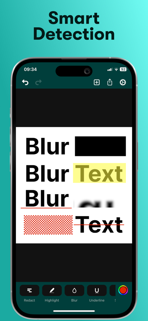 Blur Text - Interfaz de la aplicación Blur Text que muestra la detección inteligente con resaltado de redacción y herramientas de difuminado en un documento