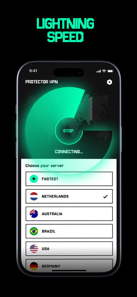 VPN Protector & Proxy - VPN Protector app interface showing global server selection and lightning speed connection feature.