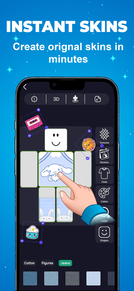 AI Skin Maker for Roblox - Interface of the AI Skin Maker app showing a user customizing a Roblox avatar template with stickers and clothing textures.