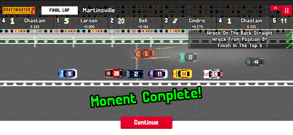 Draftmaster 2 - Draftmaster 2 gameplay screen showing the completion of a race at Martinsville with top-down 2D cars