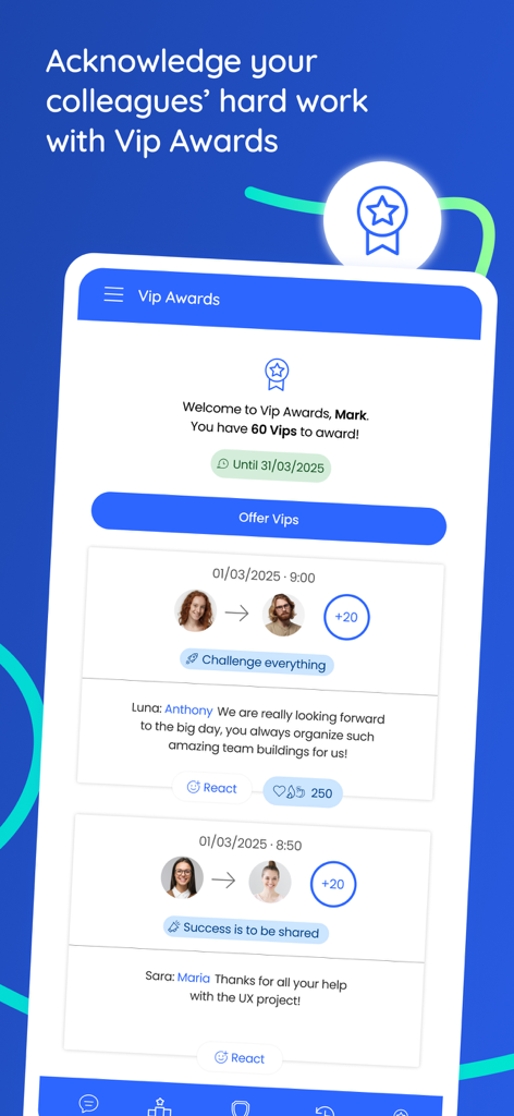Mobile app screen showing employee recognition rewards and colleague appreciation feed