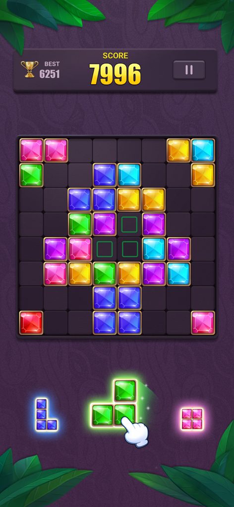 Block Puzzle: Jewel Blast - A gameplay screenshot of Block Puzzle Jewel Blast showing colorful jewel blocks on an 8x8 grid with score indicators