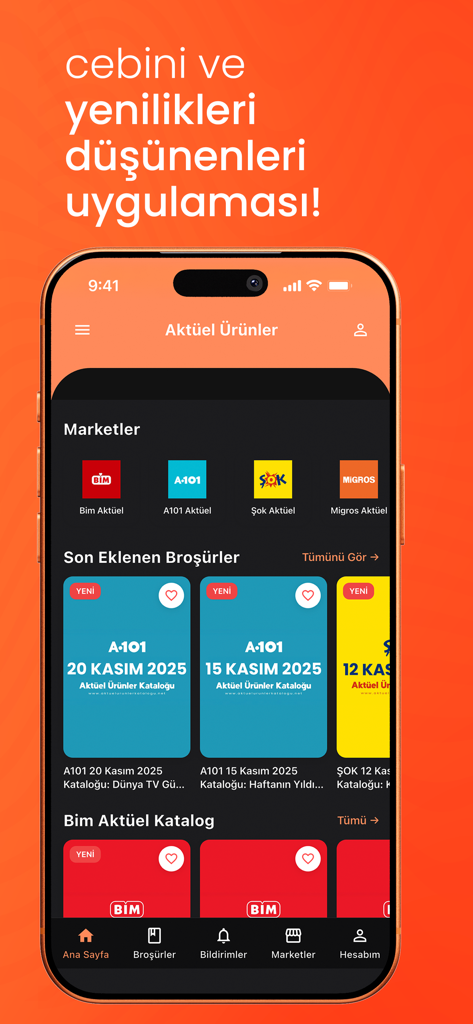 Aktüel Ürünler Market Katalog - Aktuel Urunler mobile app home screen displaying various supermarket brochures and retailer logos