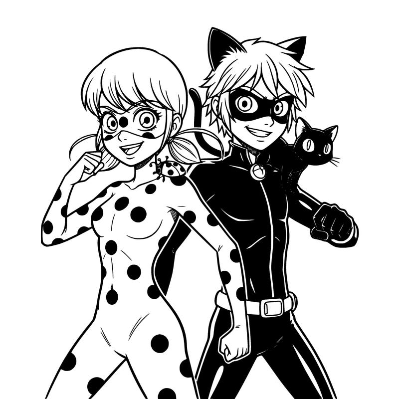 side by side lady bug and cat noir transforming but no effects in the background