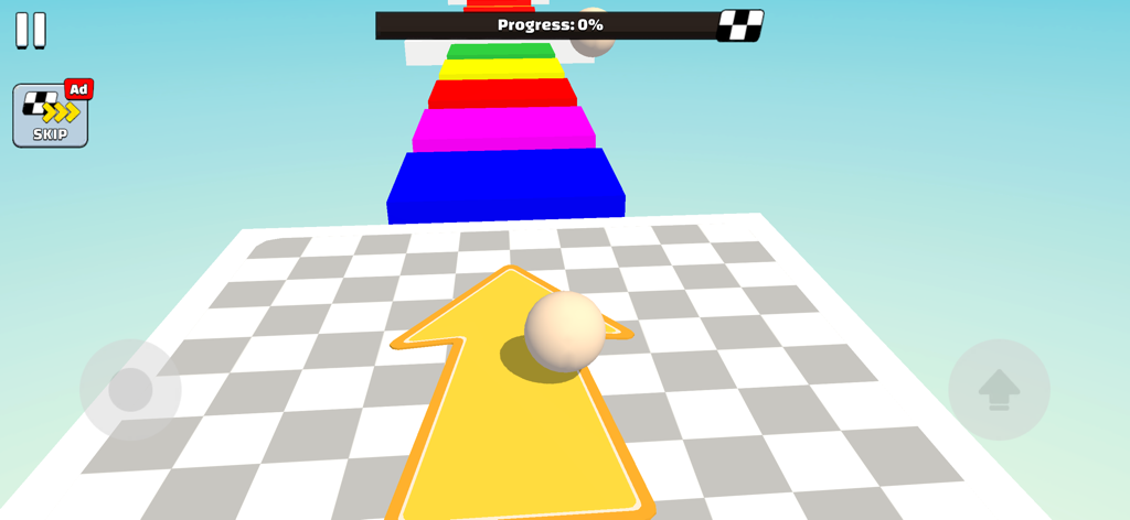 Master Obby - パルクールゲームのレベルで、虹色の階段に面したチェック柄のプラットフォーム上のボール