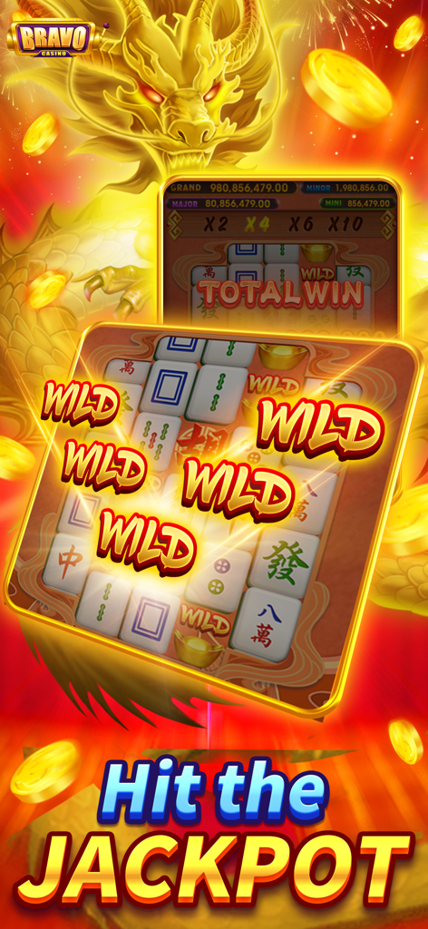 Bravo Casino-Slots Games - Schermata del jackpot delle slot di Bravo Casino con un drago dorato e tessere mahjong