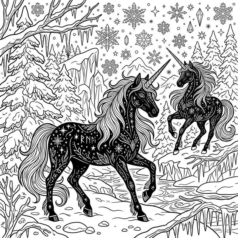 Unleash your creativity with this mesmerizing coloring page featuring majestic black unicorns amidst a beautiful winter wonderland scene. Discover intricate details and bring the magic of snow and fantasy to life with your favorite colors.