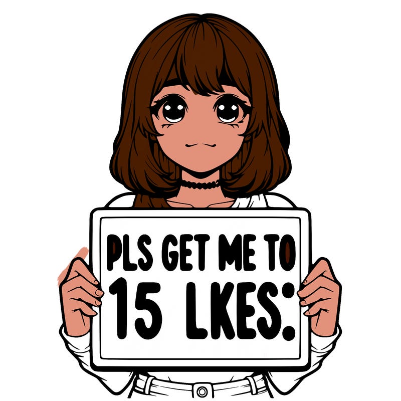 realistic girl holding up a sign that says “pls get me to 15 likes!”