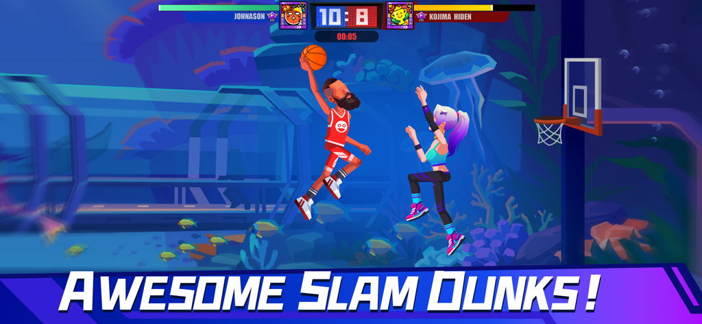 Basketball Duel: Online 1V1 - 모바일 게임 Basketball Duel Online 1V1에서 수중 테마 코트에서 슬램 덩크를 하고 있는 플레이어.