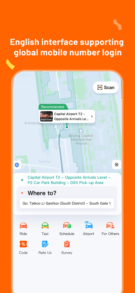 DiDi China app English interface showing Beijing airport map and ride hailing services