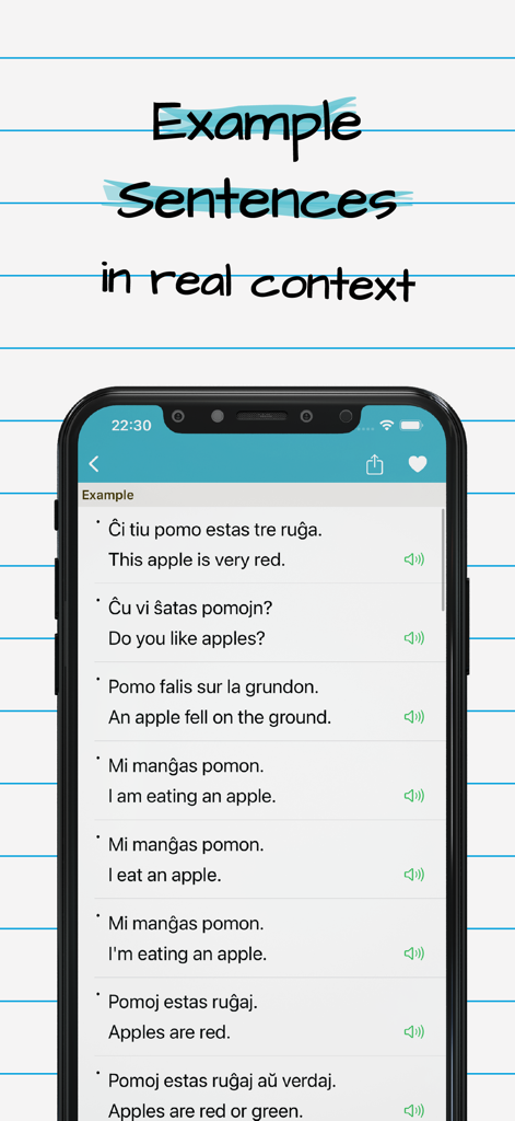 Esperanto English Dictionary - Esperanto English dictionary app showing sentences with translations and audio buttons