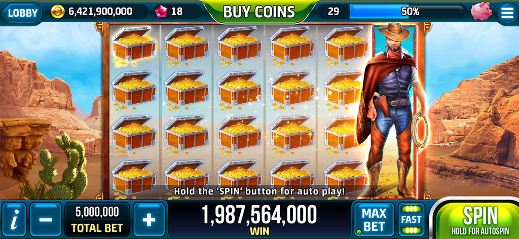 Cowboy themed slot machine interface showing a large coin win and treasure chest symbols