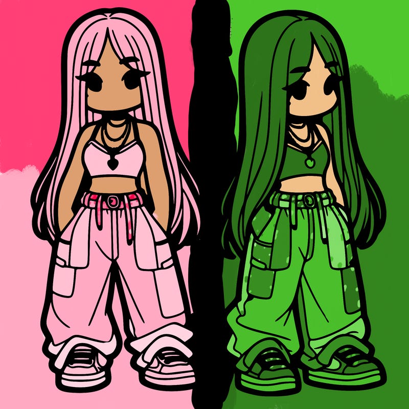 girl in baggy pants crop top and long hair