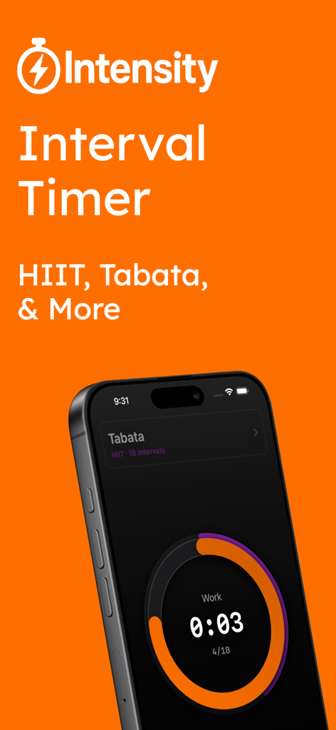 Interval Timer Tabata Workout - Interface do aplicativo Intensity mostrando um temporizador de treino Tabata em uma tela de iPhone.